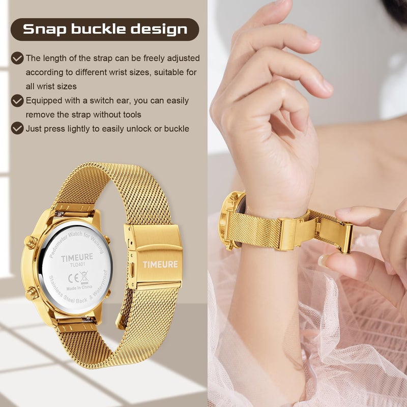 TIMEURE Women's Step Counter Pedometer Watch with Stainless Steel Bracelet, Stylish Design, No App, No Charging Needed for Step, Calorie, Distance, Alarm, Countdown Timer，TU-2401 - Image 3